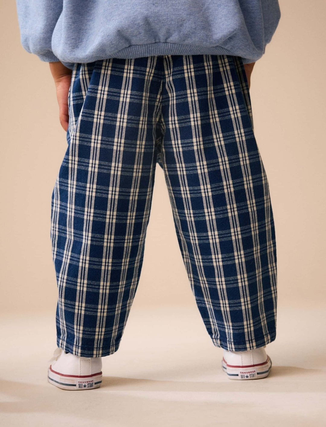 Dark Blue Grid Check Barrel Jeans