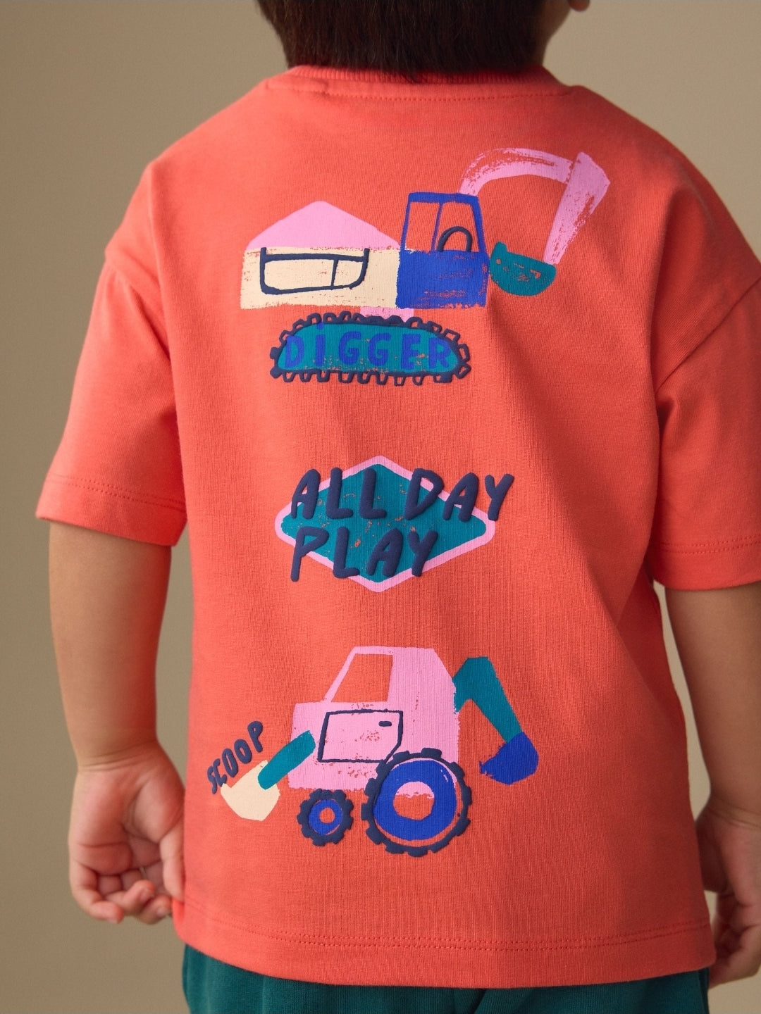 Coral Pink Digger Short Sleeve Back
Print T-Shirt and Shorts Set