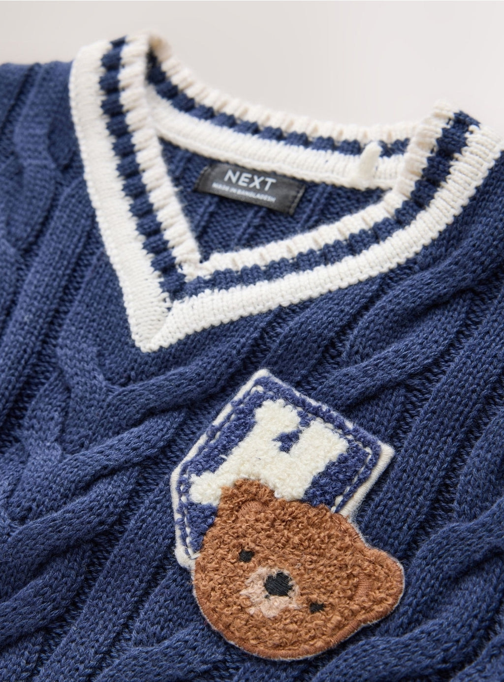 Navy Blue Cable Knit Varsity Jumper