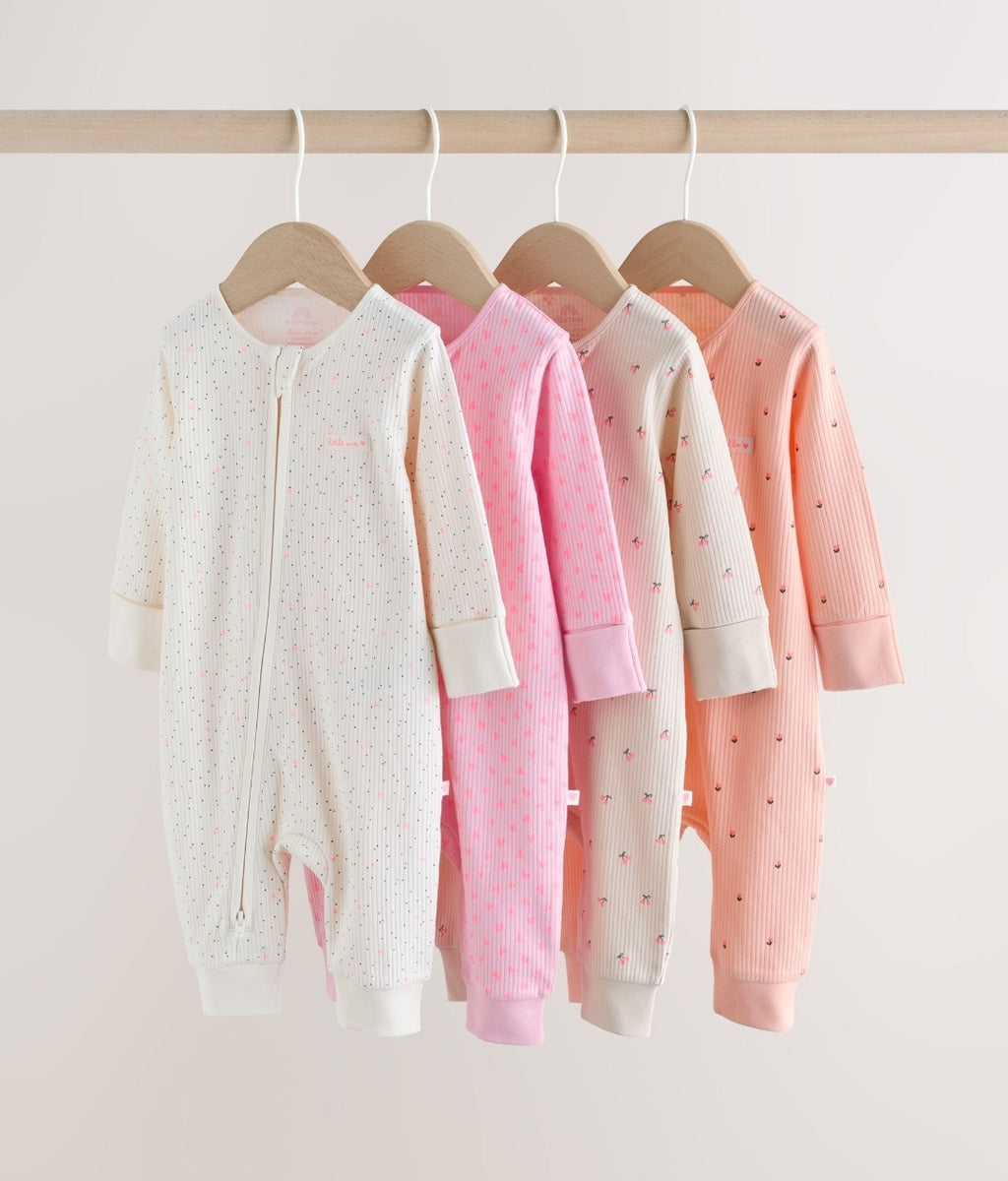 Pink Two Way Zip Baby Sleepsuit 4 pack