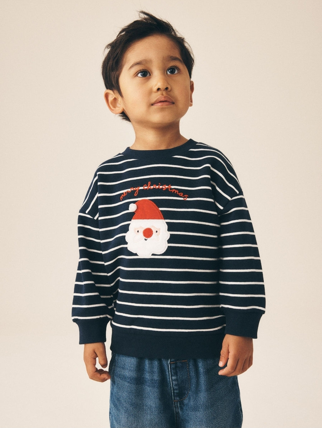 Navy Stripe Santa Christmas Crew
Neck Sweat Top