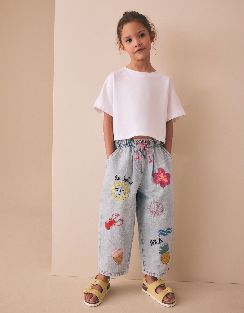 Fruit Embroidery Barrel Leg Jeans