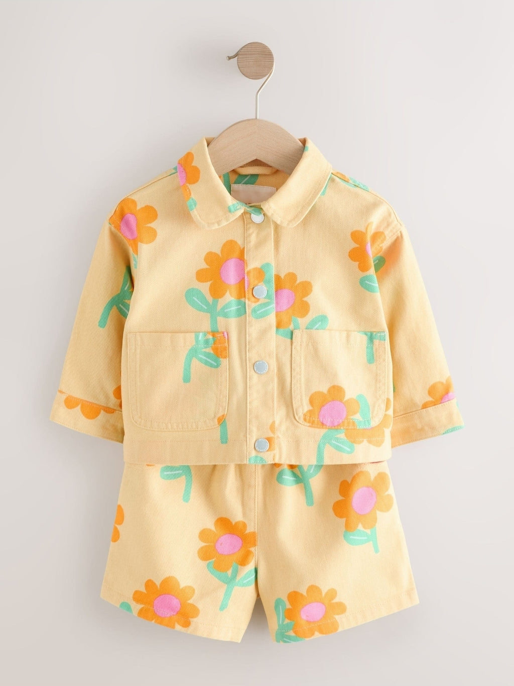 Yellow Flower Printed Jacket And Shorts Set