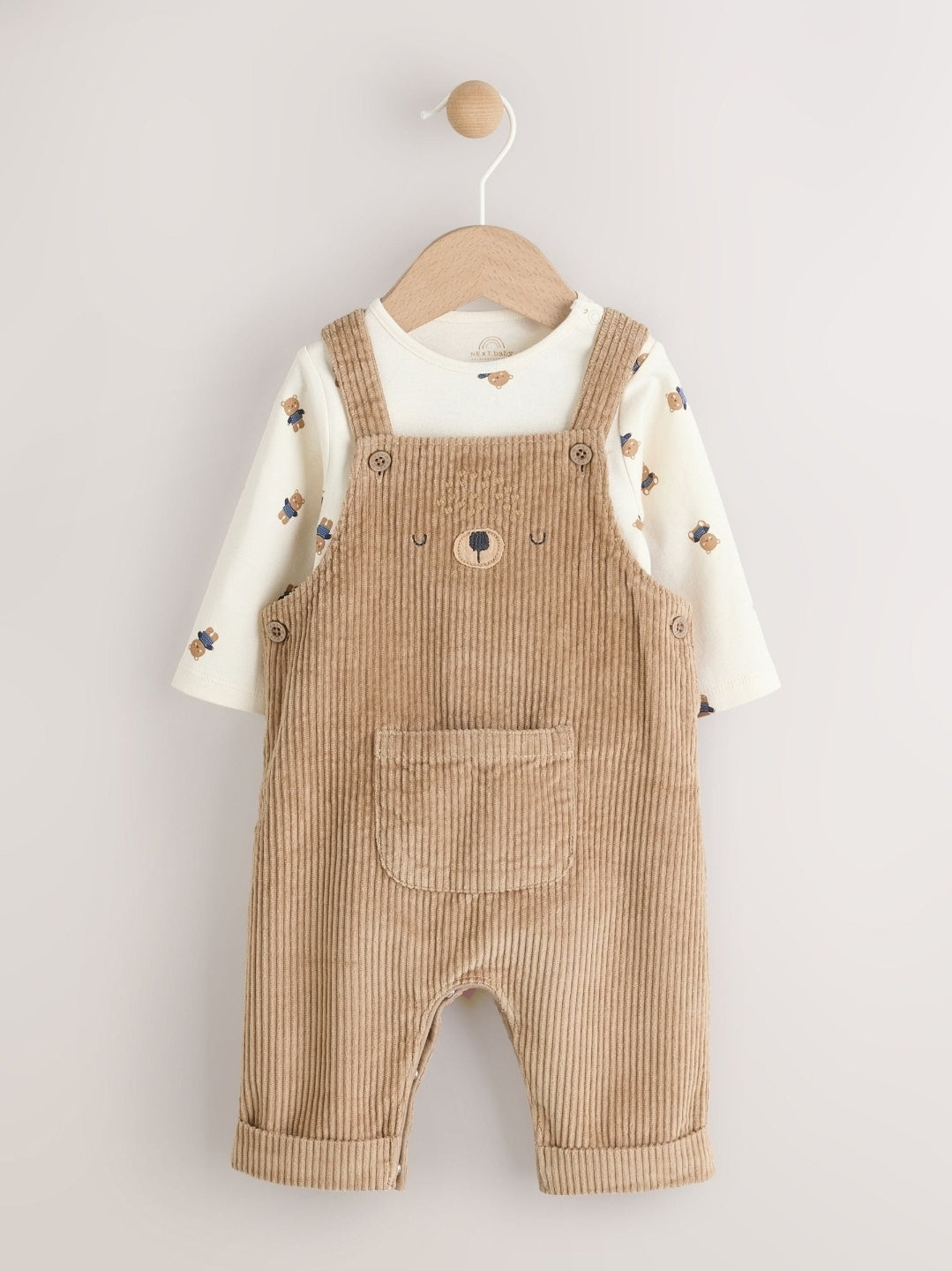 Tan Brown Bear Cord Dungarees and Bodysuit Set