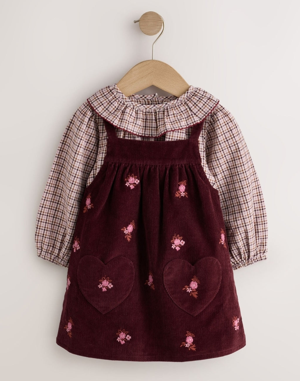 Berry Pink Blouse and Embroidered Cord Pinafore Set