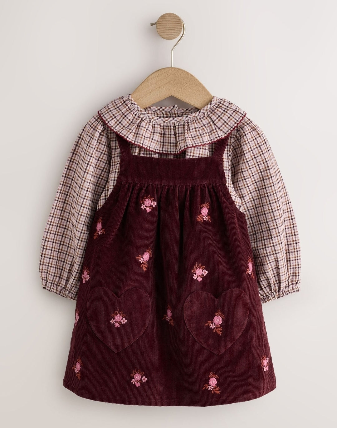 Berry Pink Blouse and Embroidered Cord Pinafore Set