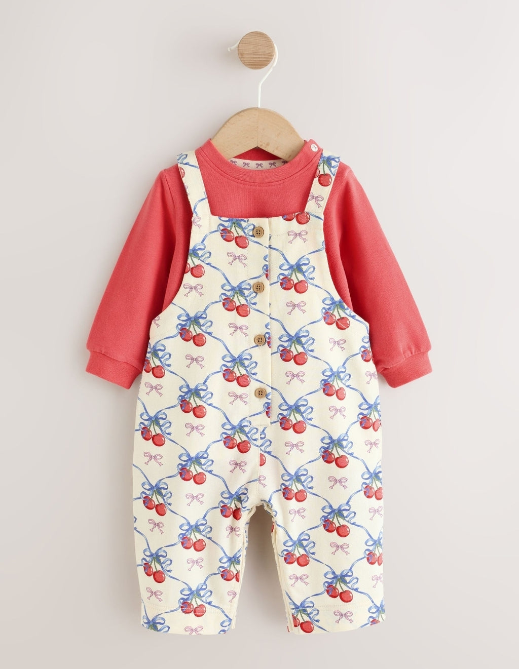 Ecru Cherry Baby Long Sleeve Bodysuit And Woven Dungarees