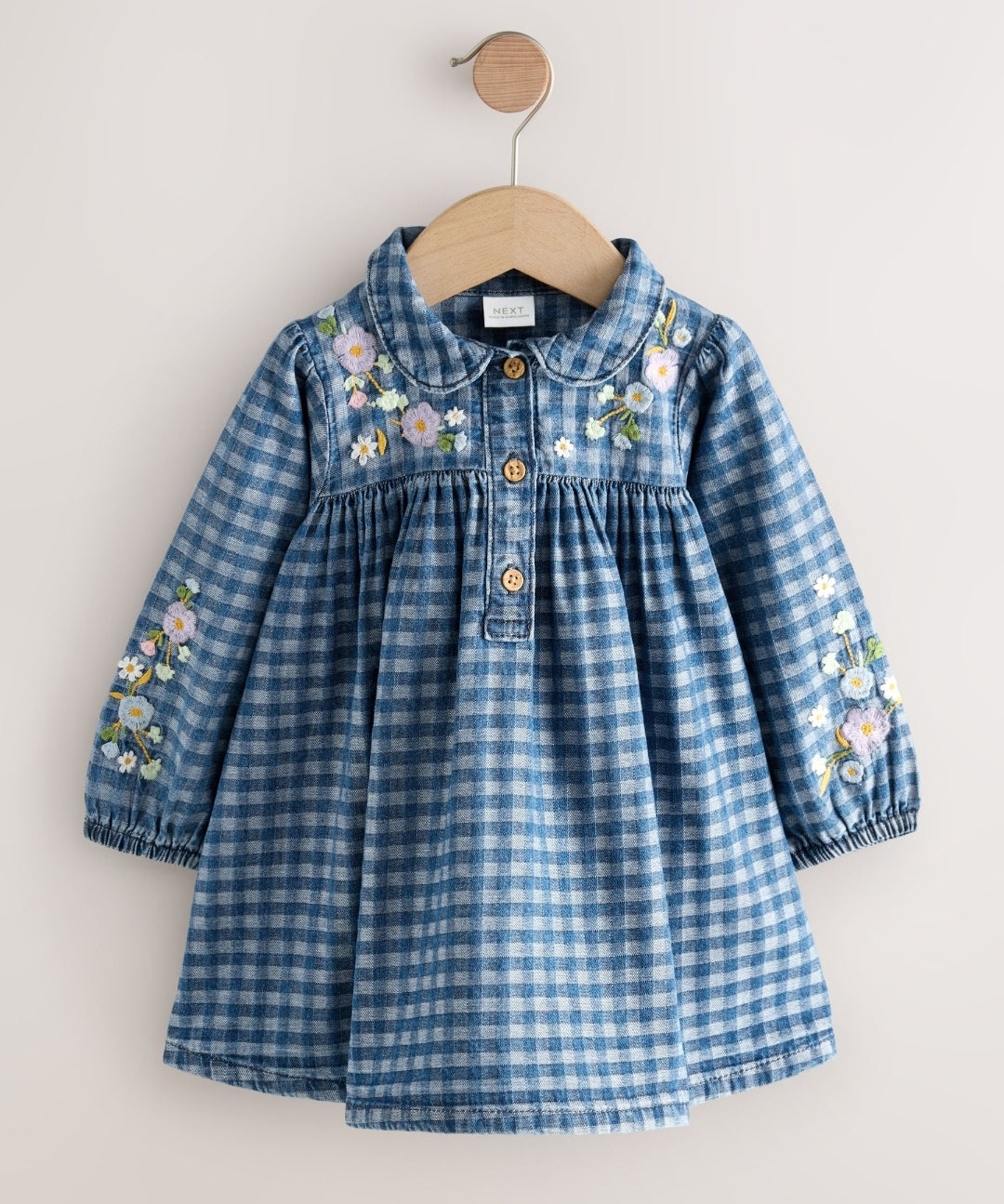 Denim Check Embroidered Long Sleeve Collar Dress