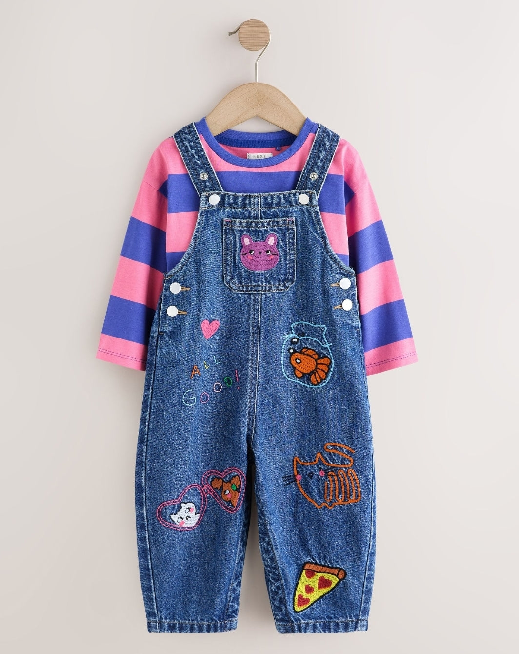 Blue/ Pink Stripe Embroidered
Denim Dunagree Set