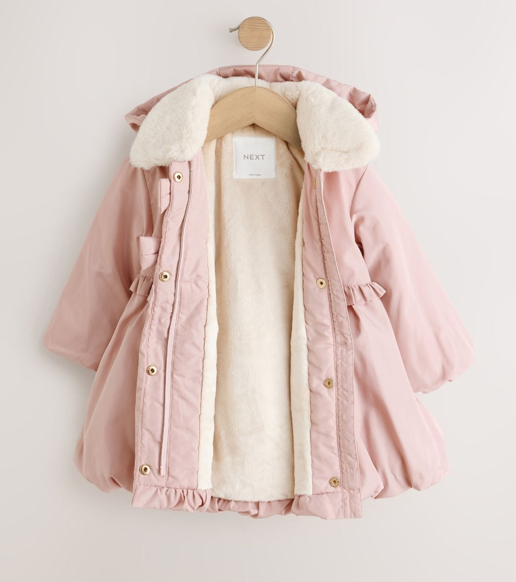 Pink Shower Resistant Faux Fur Collar Padded Coat