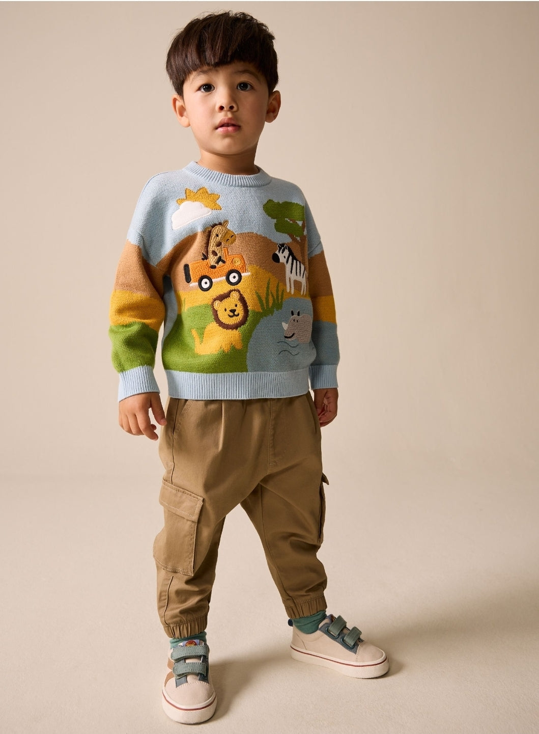 Blue/Orange Safari Character Knitted Crew Neck Jumper