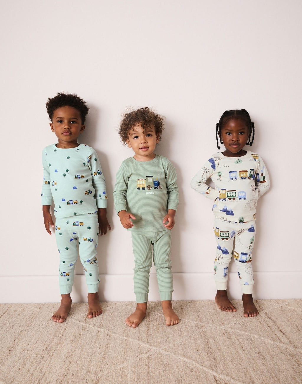 Green/Ecru Train Mini Print Snuggle Pyjamas 3 Pack