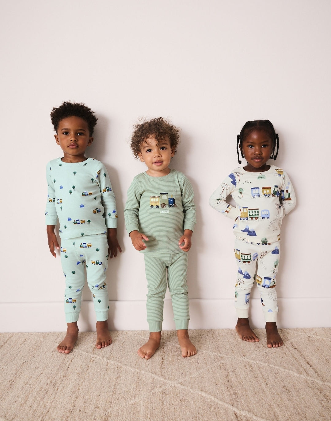 Green/Ecru Train Mini Print Snuggle Pyjamas 3 Pack