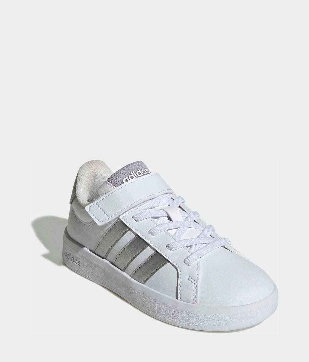adidas White/Silver Grand Court 3.0 Elastic Lace Kids Trainers