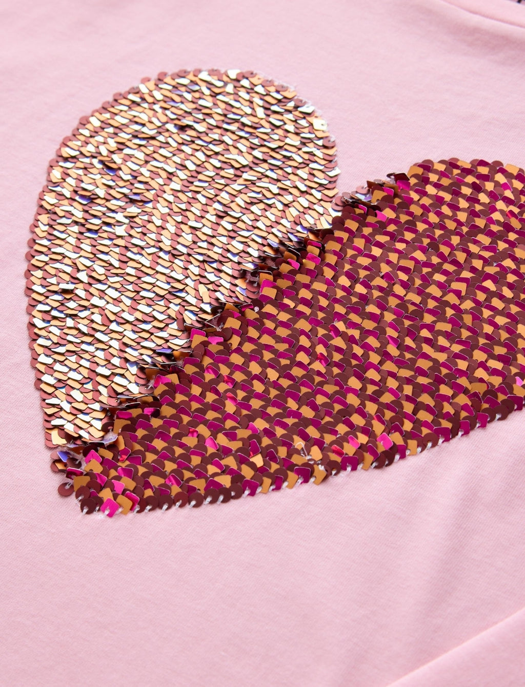 Pink Long Sleeve Sequin Heart Top