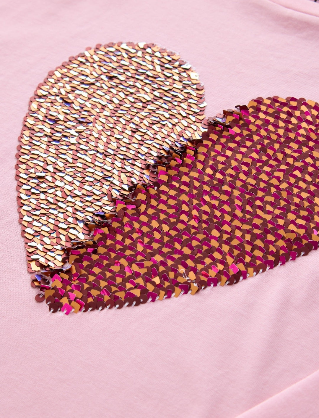 Pink Long Sleeve Sequin Heart Top