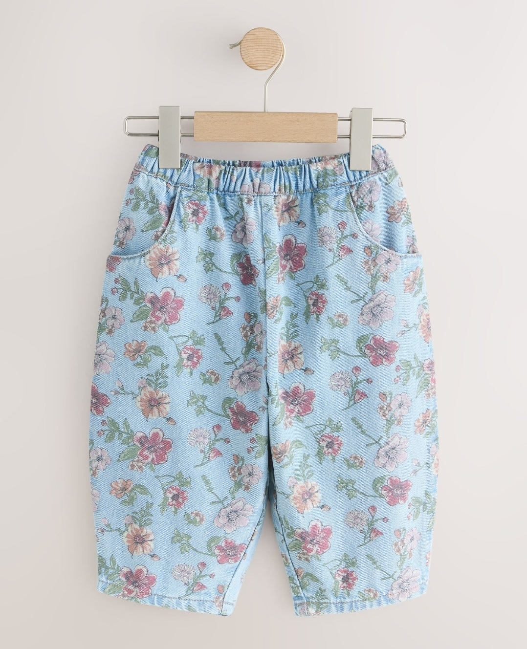 Blue Floral Print Pullon Barrel Jeans