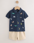 Navy All Over Embroidery Safari Animals Short Sleeve Polo Shirt