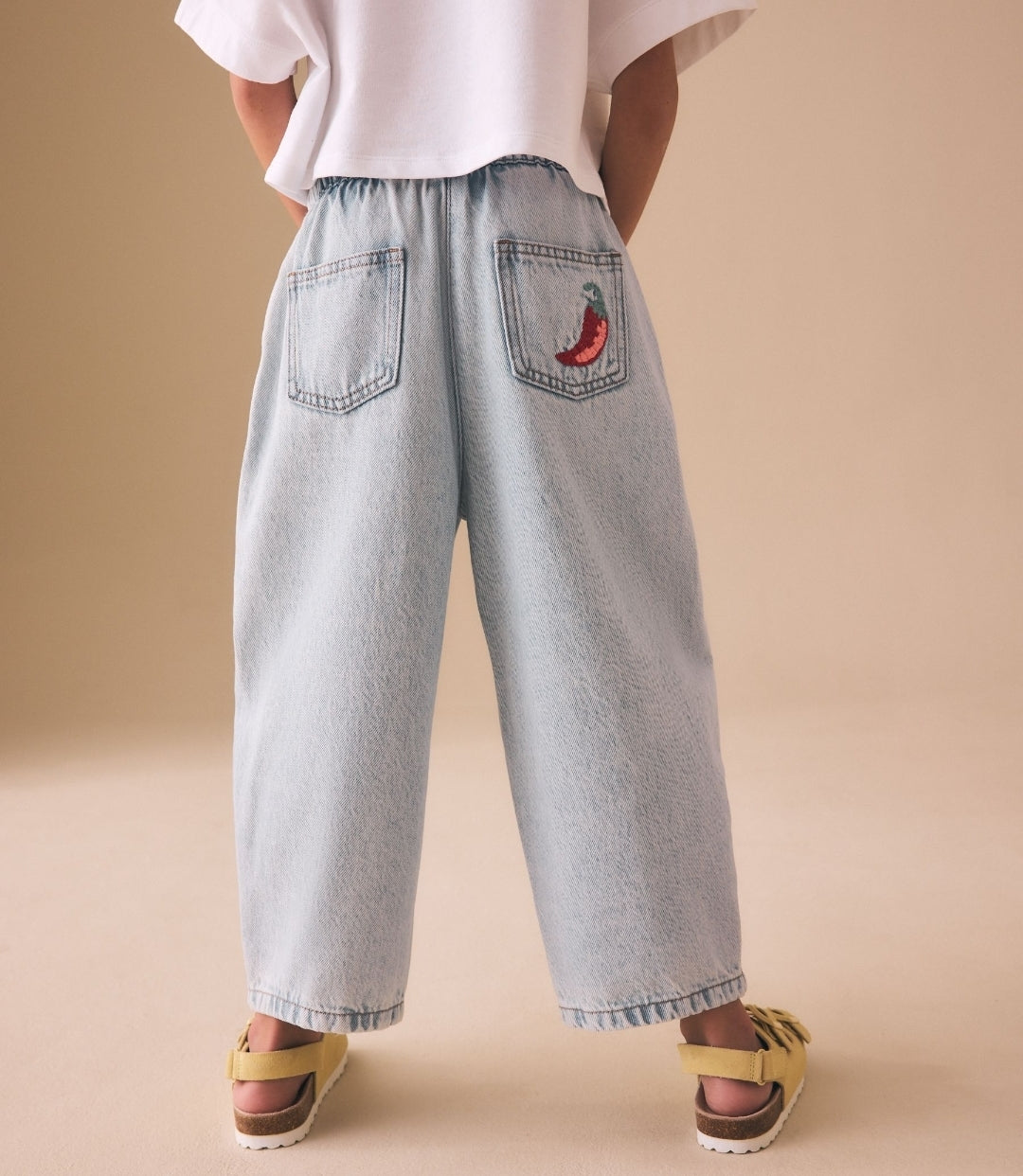 Fruit Embroidery Barrel Leg Jeans
