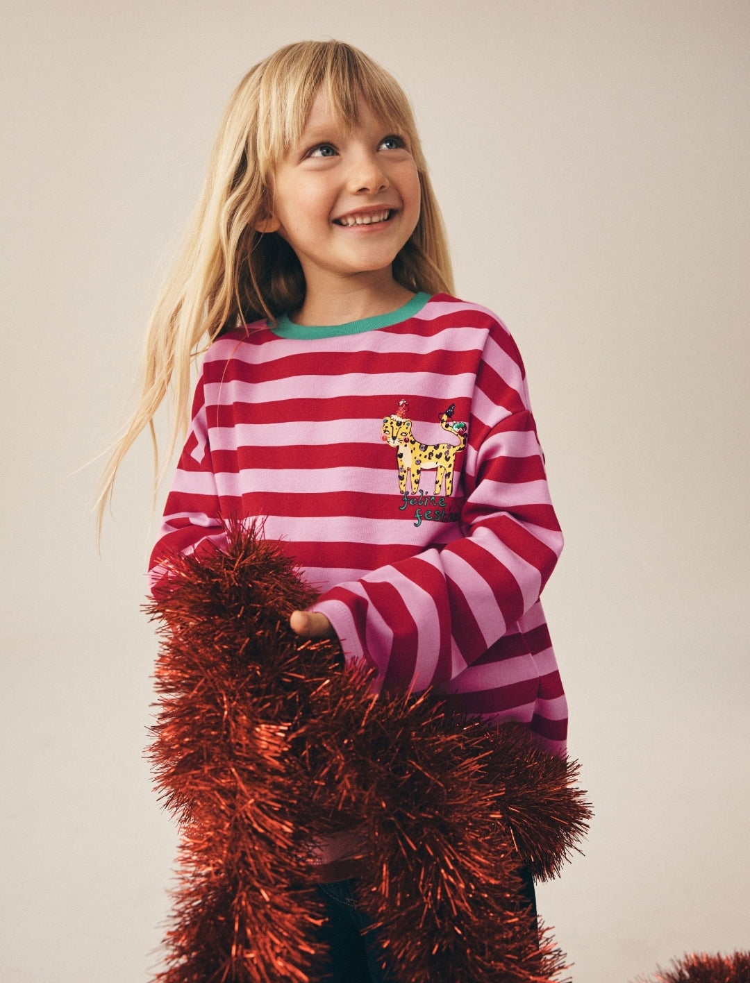 Red Stripe Christmas Cat Sequin Long Sleeve Top