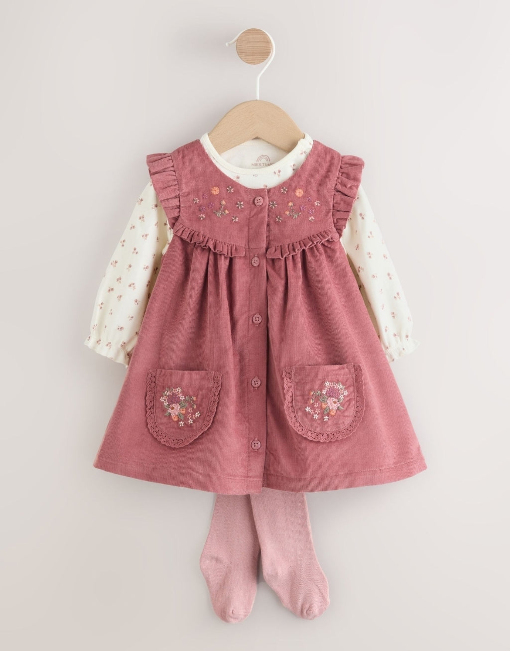 Pink Embroidered Baby Cord Pinafore Long Sleeve Bodysuit
