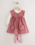Pink Embroidered Baby Cord Pinafore Long Sleeve Bodysuit