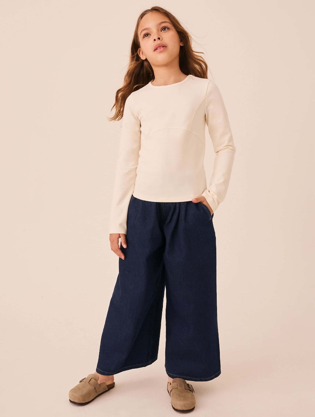 Blue Rinse Wash Denim Pull On Wide Leg Jeans