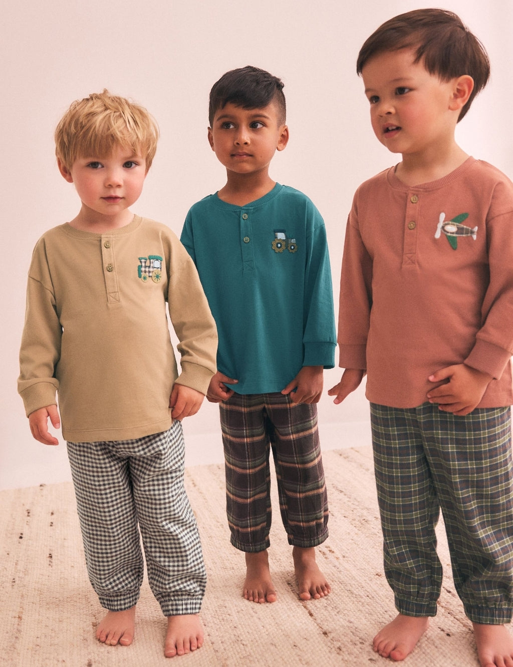 Tan/Teal/Rust Transport Check Woven Bottom Pyjamas 3 Pack