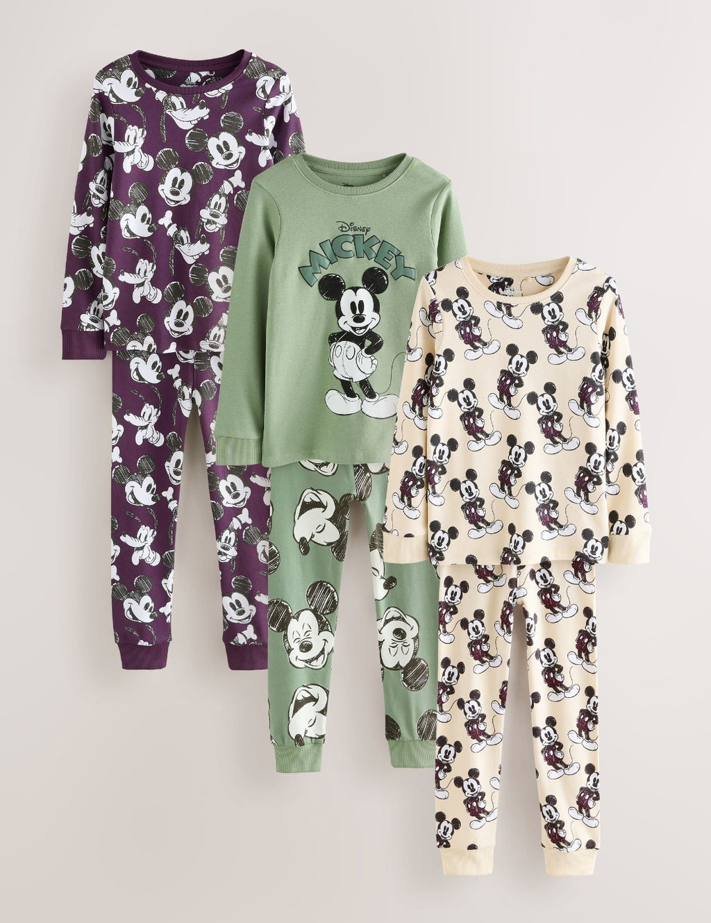 Green/Ecru Mickey Mouse Snuggle Pyjamas 3 Pack