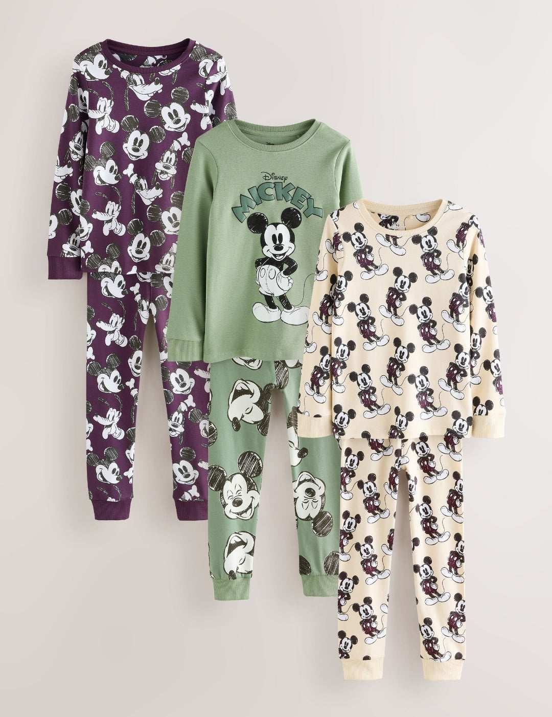 Green/Ecru Mickey Mouse Snuggle Pyjamas 3 Pack