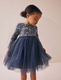 Navy Floral Long Sleeve Mesh Party Dress