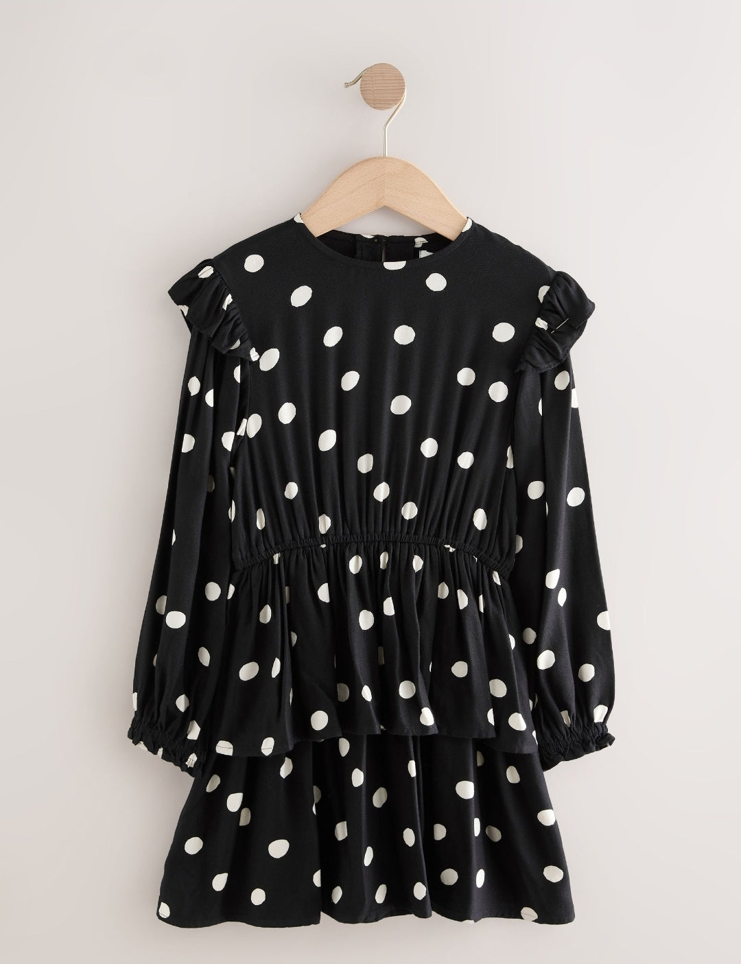 Black/White Spot Long Sleeve
Ruffle Dress