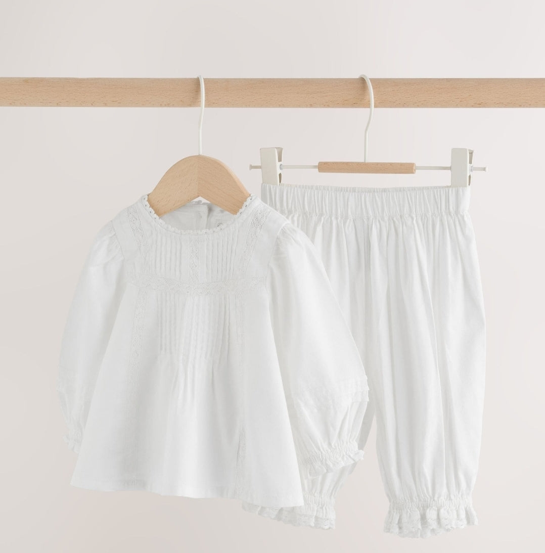 White Woven Lace Top and Trousers Baby 2 Piece Set