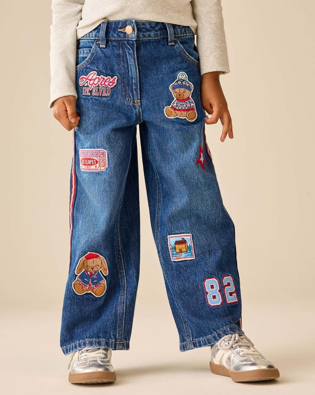 Denim Embellished Wide Leg SideTape Jeans