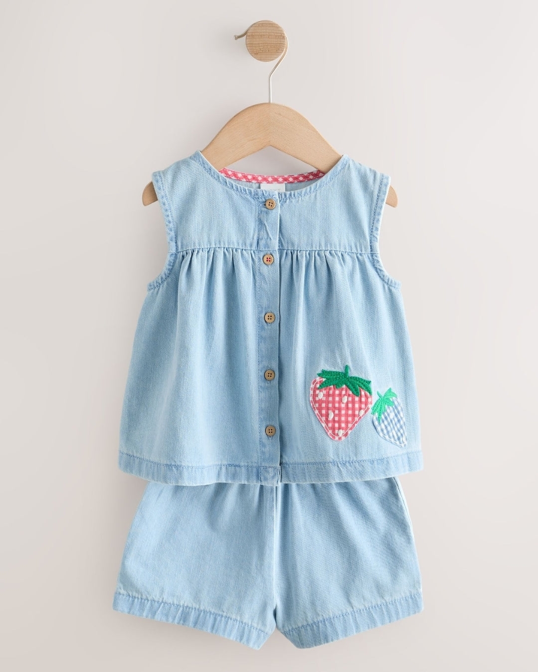 Strawberry Embroidered Denim Blouse And Short Co-ord Set