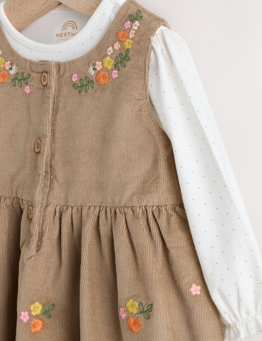 Olive Green Embroidered Baby Cord Pinafore Long Sleeve Bodys