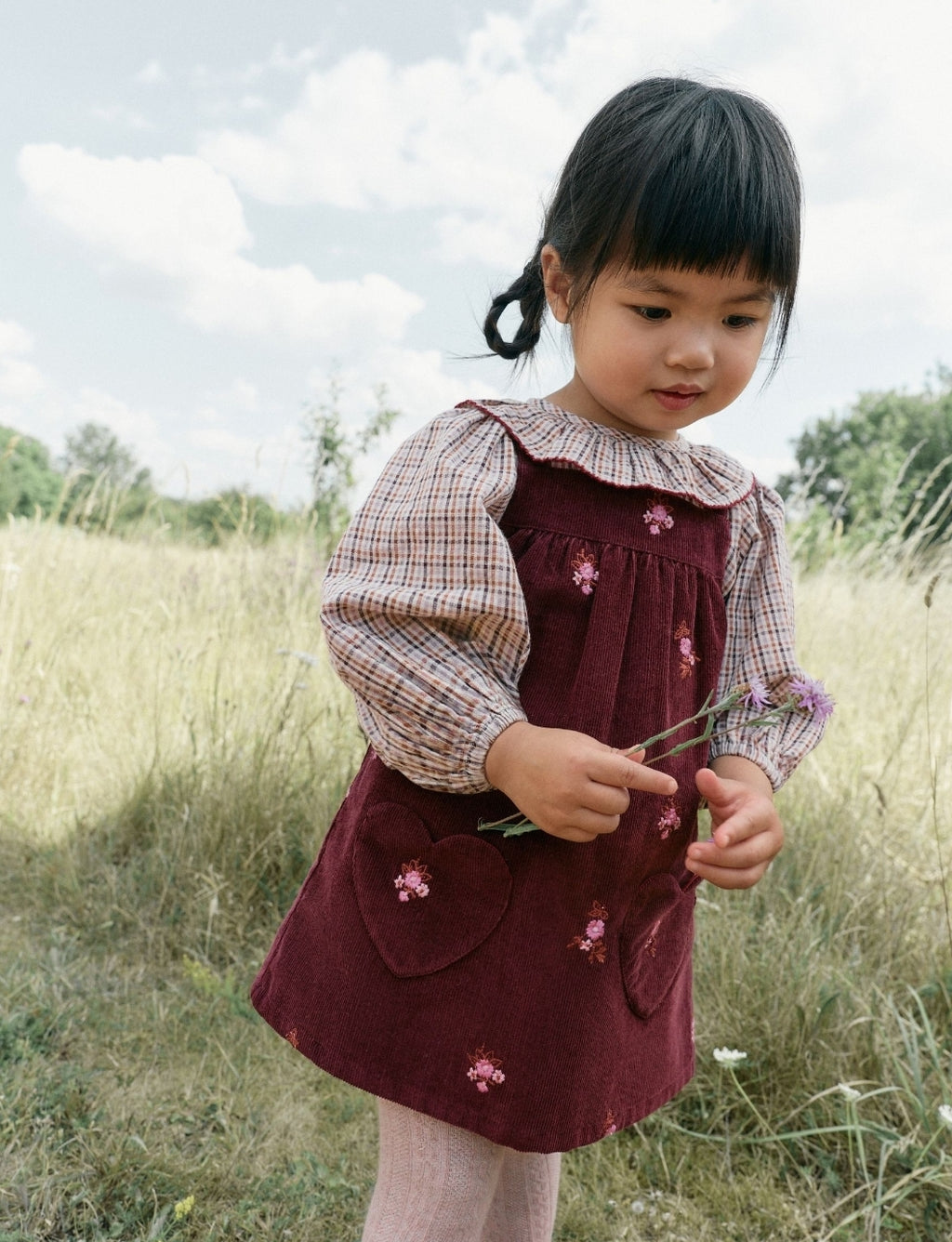 Berry Pink Blouse and Embroidered Cord Pinafore Set