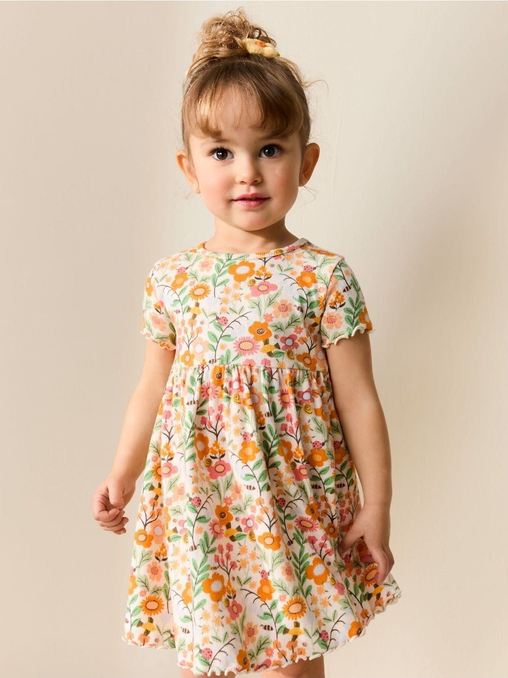 Orange Floral Short Sleeve Ribbed Dress