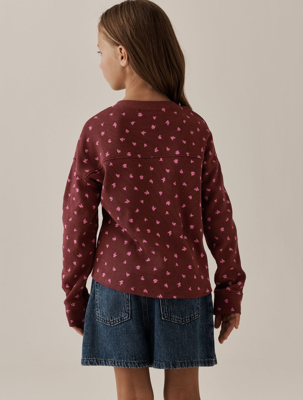 Burgundy Ditsy Waffle Henley Top