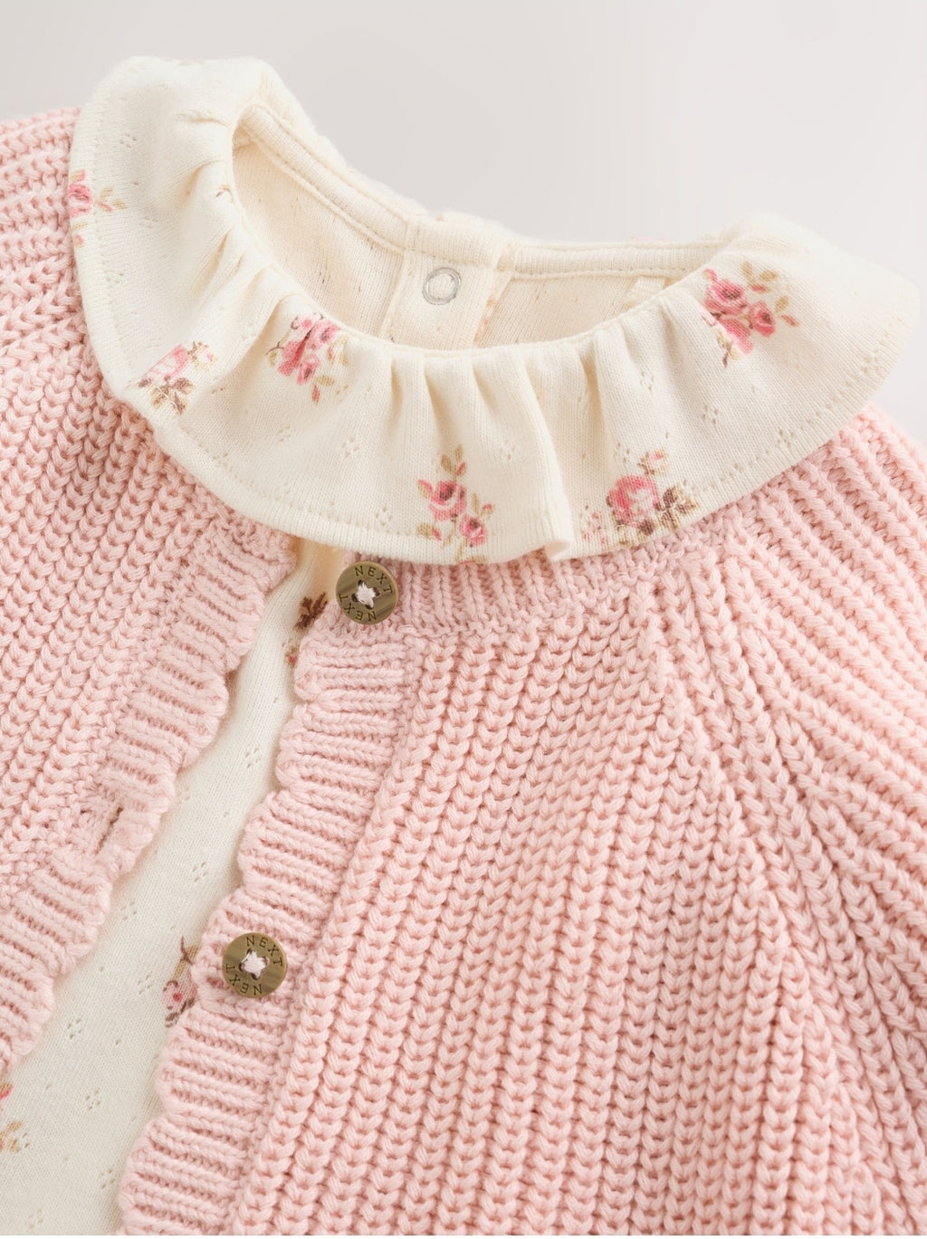 White Floral Bodysuit, Legging with Pink Knitted Cardigan Baby