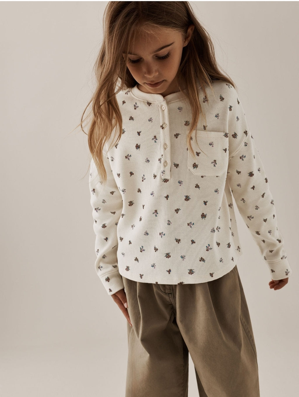 Ecru Ditsy Waffle Henley Top