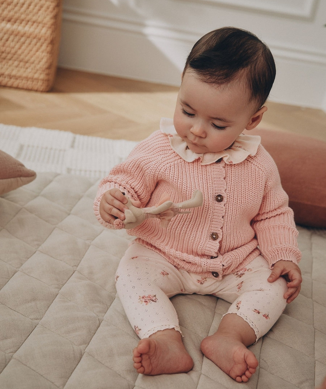 White Floral Bodysuit, Legging with Pink Knitted Cardigan Baby
