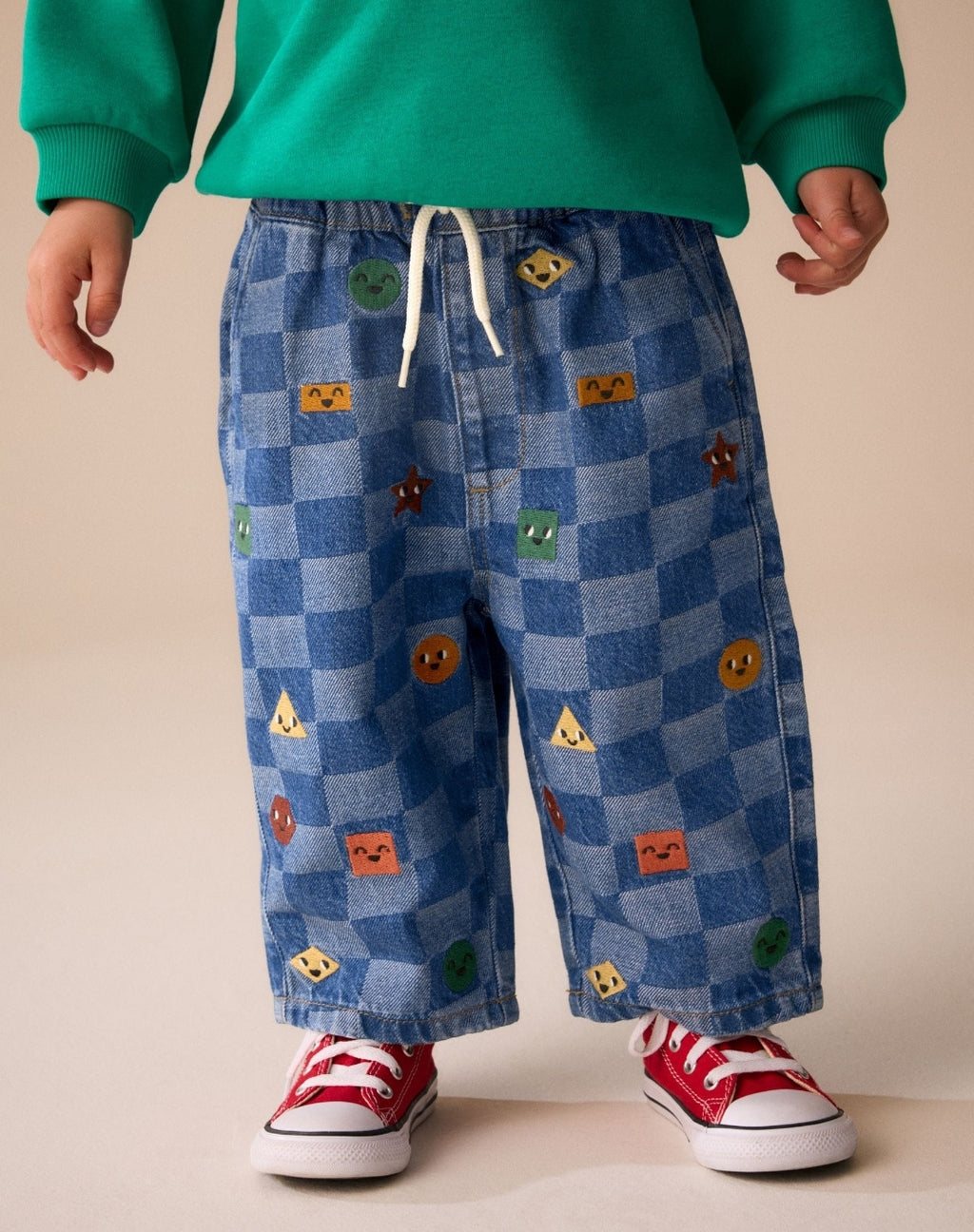 Mid Blue Checkerboard With All Over
Embroidery Wide Fit Jeans