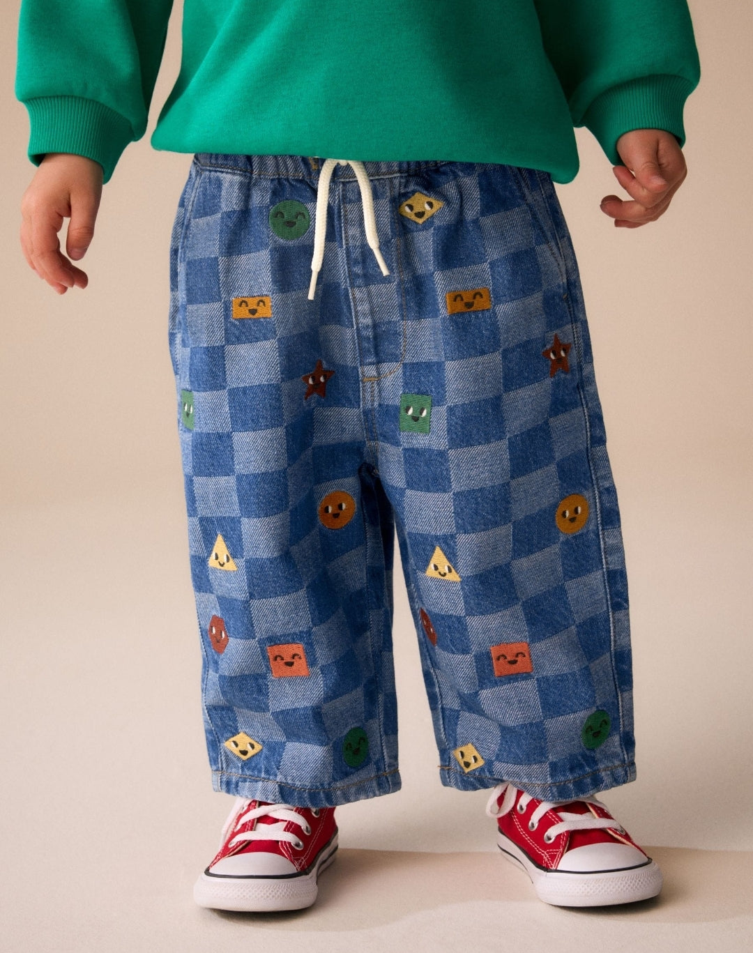 Mid Blue Checkerboard With All Over
Embroidery Wide Fit Jeans
