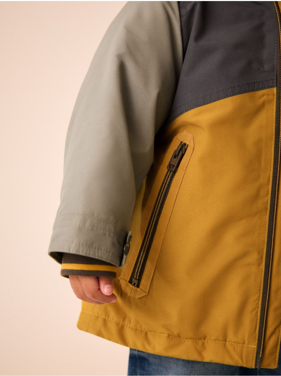 Ochre and Khaki Colour Block Fur Hood