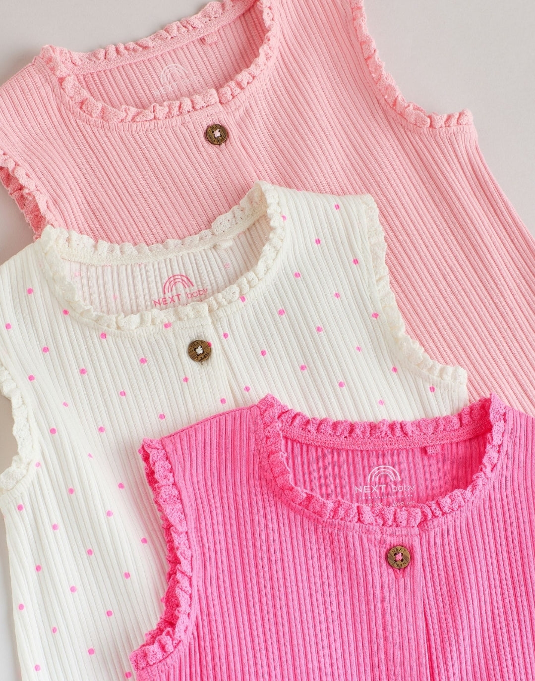Pink Tonal Button Through Wide Leg Jersey Baby Rompers 3 Pack