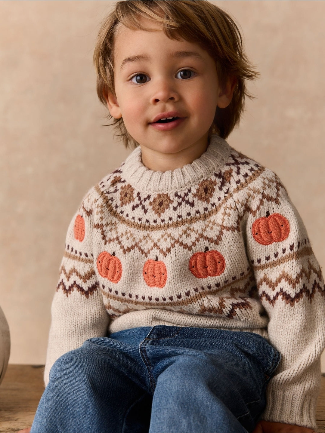 Neutral Pumpkin Fairisle Halloween Knitted Crew Neck Jumper