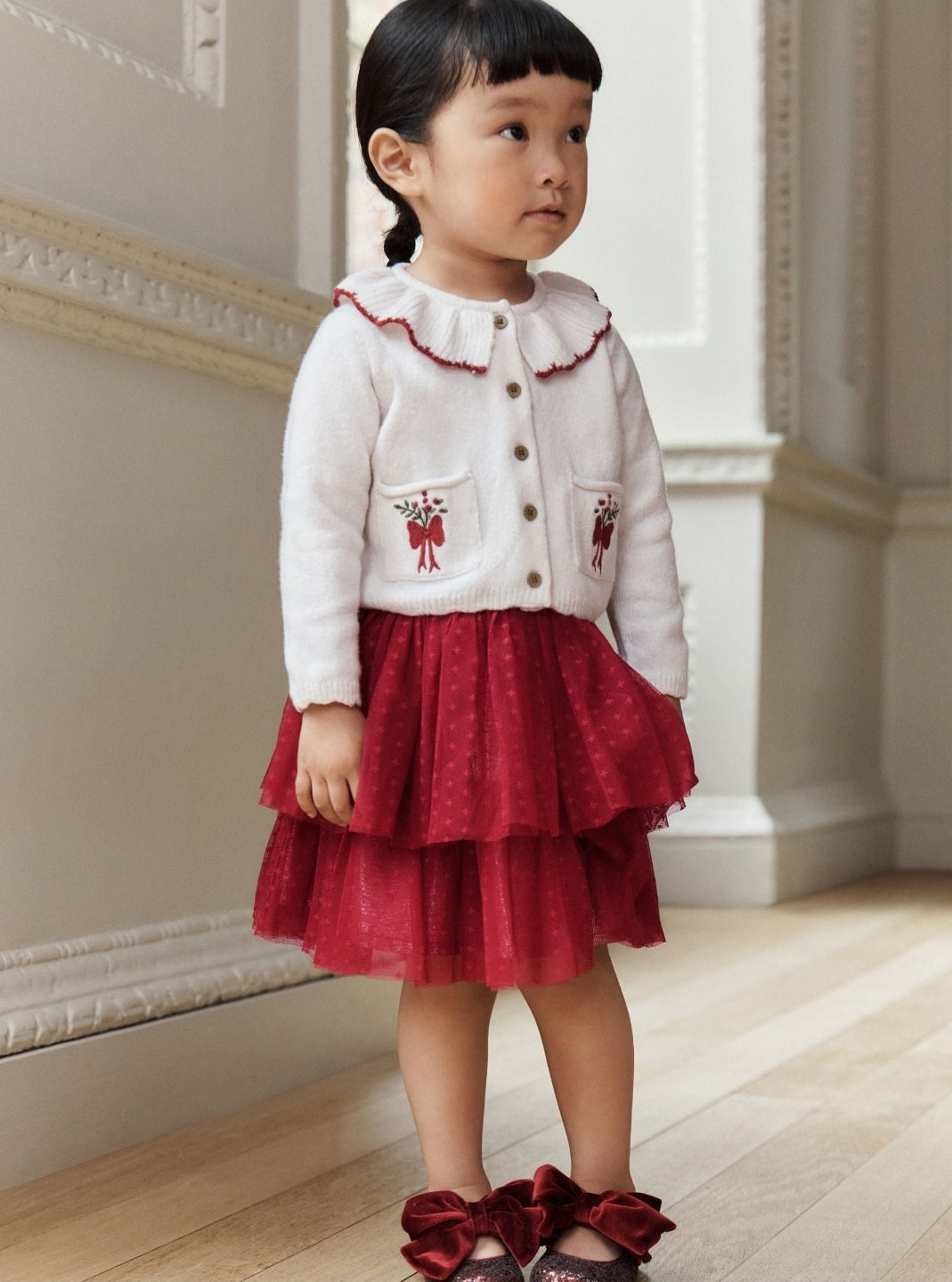 Ecru and Burgundy Red Embroidered Cardigan and Skirt