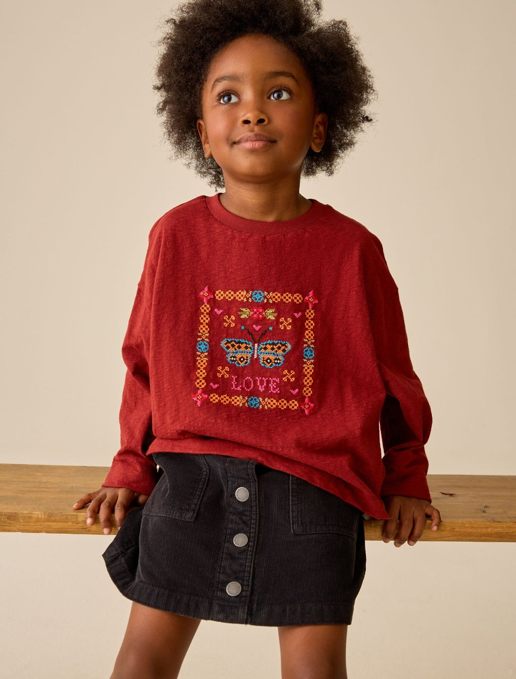 Brown Embroidered Butterfly Long Sleeve Top