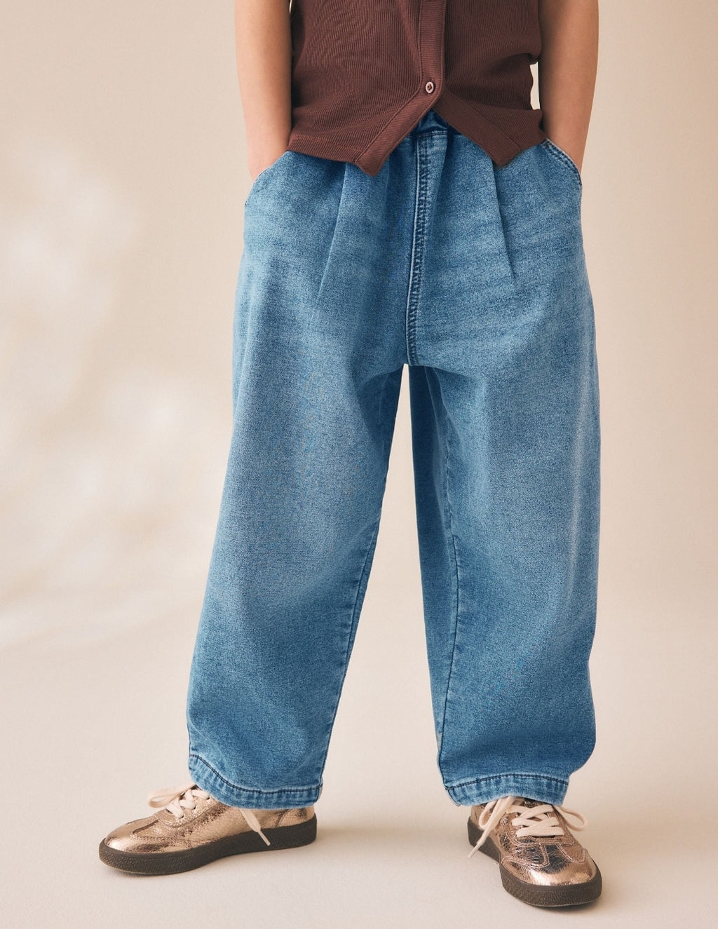 Mid Wash Jersey Denim Baggy Loose Fit Jeans